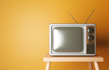 Old vintage TV on the wooden desk on background of orange wall. 3d-rendering