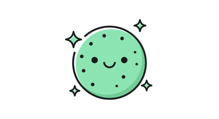 Cartoon green planet with smiling face and sparkling stars on white background