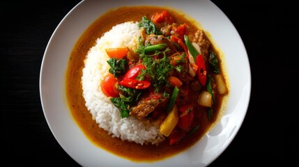 Delicious bowl of rice topped with savory beef stir-fry and fresh vegetables in rich sauce, ideal for food lovers and culinary enthusiasts