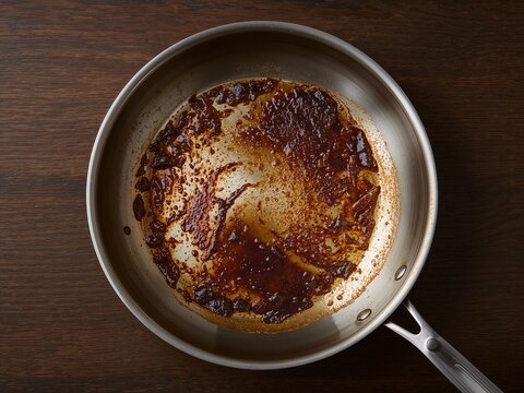 Stainless steel pan with browned fond residue from searing, used for rich sauce preparation.