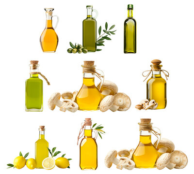 Assorted glass bottles filled with golden olive oil and fresh herbs or leaves, isolated on white background, concept of natural cooking - Powered by Adobe