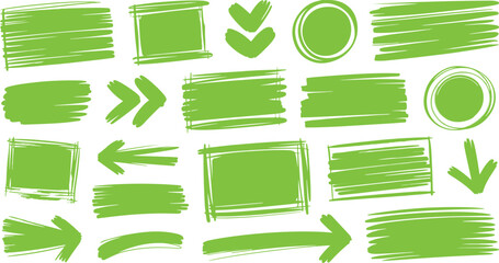 Set of bright green hand drawn sketch elements including rectangles, circles, arrows, and brush strokes for highlighting text or design accents © NaeemurRahman