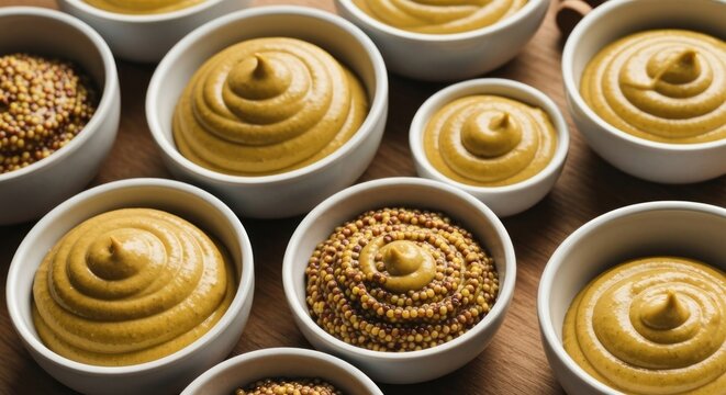 Small white bowls filled with mustard, some with swirls of mustard and some with whole mustard seeds