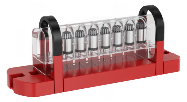 Red electronic component holder with clear casing and silver vacuum tubes isolated on a transparent background