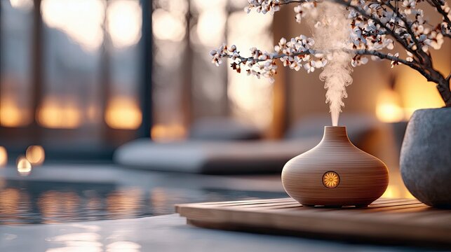 A wooden aroma diffuser with steam, flowers, and a spa-like setting. The image evokes relaxation and tranquility.