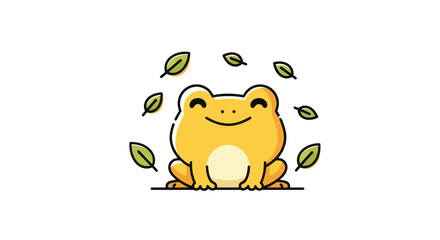 Cartoon frog illustration with green leaves floating around a smiling animal