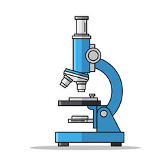 Stylized illustration of a blue laboratory microscope with crisp outlines and subtle shading for