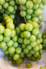 Fresh green grapes are on sale in the market. Close up