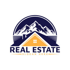 Real estate logo with mountains and house roof in navy and yellow color scheme with slogan here text