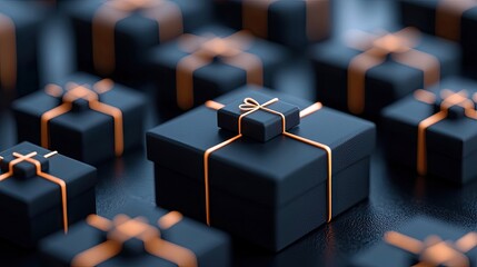 Close-up of several black gift boxes tied with gold ribbons, creating a dark and elegant visual.