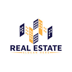 Real estate logo with abstract buildings in blue and yellow color on a white background design view