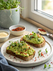 Gourmet Avocado Toast with Microgreens and Chili Flakes | Healthy Vegan Breakfast