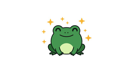 Cartoon frog with a smiling face and shining stars on a white background