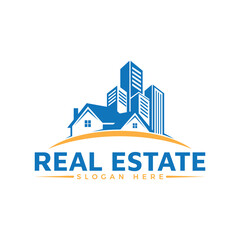 Obraz premium Blue real estate logo with buildings and houses on a golden arch and slogan underneath it
