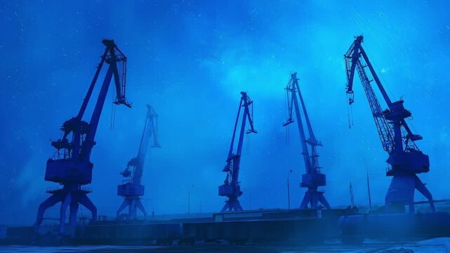 A group of cranes sitting on top of a dock at night