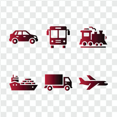 Fototapeta premium A vector set of transportation icons includes symbols for a car, bus, truck, train, taxi, van, ship, plane, and tractor