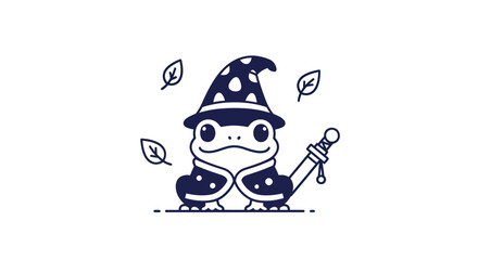 Cartoon frog wizard with a hat and a sword on a white background