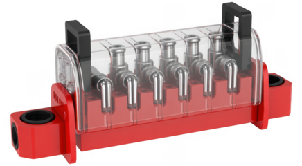 Red manifold with six silver pneumatic valves and clear protective cover isolated on a transparent background