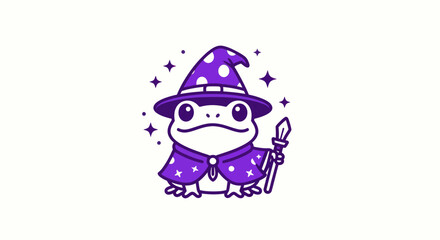 Cartoon frog wizard with magic wand and hat against white background
