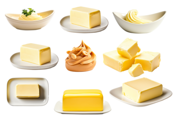 A block of fresh creamy butter on white plate isolated on white transparent background.