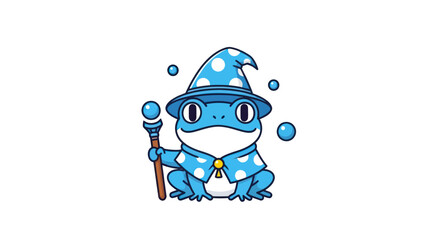Cartoon frog wizard with magic wand and hat isolated on white background