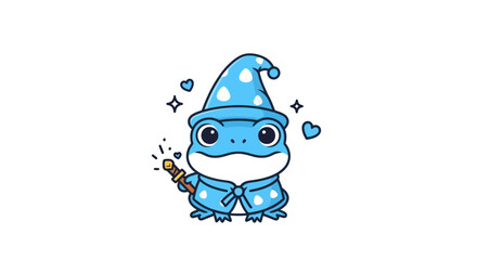 Cartoon frog wizard with magic wand and hat isolated on white background
