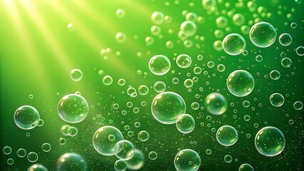 Vibrant green abstract background with numerous clear water bubbles rising towards bright sun rays in a refreshing liquid