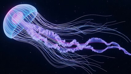 Abstract bioluminescent jellyfish tentacles glowing in dark water background