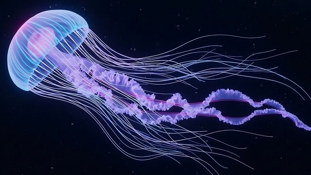 Abstract bioluminescent jellyfish tentacles glowing in dark water background