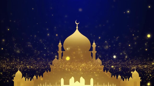 Golden mosque silhouette with crescent moon on a dark blue background with bokeh lights.