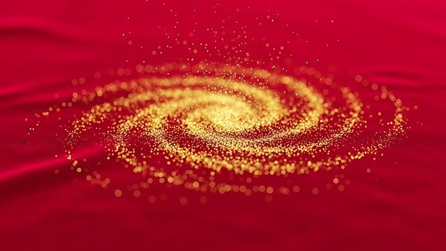 Abstract swirling golden galaxy made of tiny particles on a vibrant red background