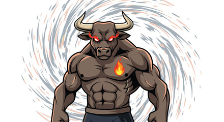 Fototapeta premium An intense, muscular bull character with glowing red eyes and a fiery symbol on its chest stands powerfully against a swirling background.