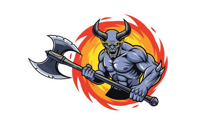 Ferocious horned demon warrior with glowing eyes holding a mighty double-bladed axe against a swirling fiery background.