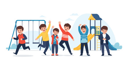 A group of happy and active young boys joyfully playing in a vibrant playground with swings and a slide on a bright day.