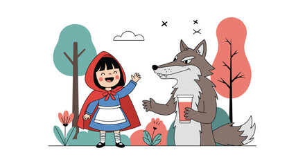 Little Red Riding Hood, a cheerful girl in a red cape, waves hello to a cunning wolf holding a beverage in a whimsical forest scene.