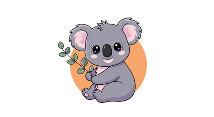 A sweet, cartoon baby koala with big eyes and a friendly smile sits holding a eucalyptus branch against a warm orange background.