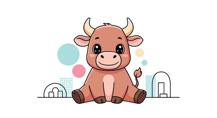 Adorable cartoon baby bull with big eyes and a gentle smile, sitting on a simple white background with colorful abstract elements.