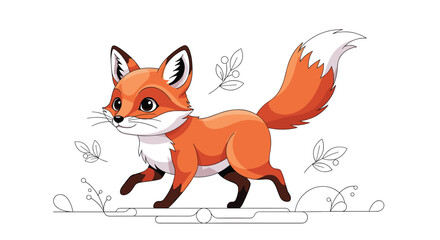 A charming cartoon fox with bright orange fur and a fluffy white-tipped tail is happily running, surrounded by minimalist line-art foliage.