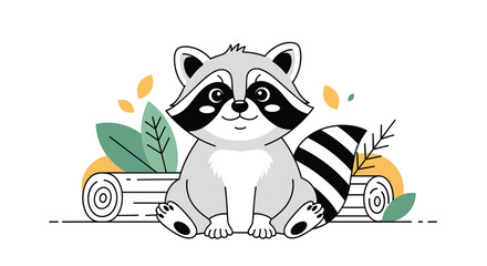 A cute cartoon raccoon character with a striped tail sits peacefully on wooden logs surrounded by colorful autumn leaves.