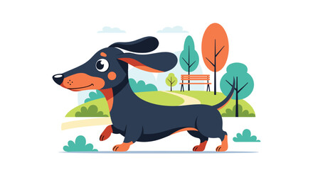 A cheerful black and tan dachshund dog is joyfully walking through a vibrant green park on a sunny day with trees and a bench in the background.