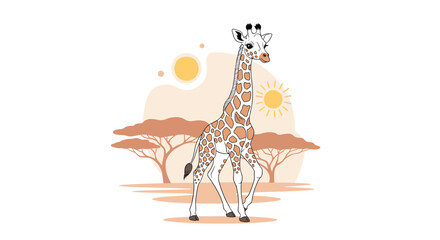 A charming cartoon giraffe with distinctive spots walks confidently across a sunlit savanna with distant acacia trees and stylized suns.