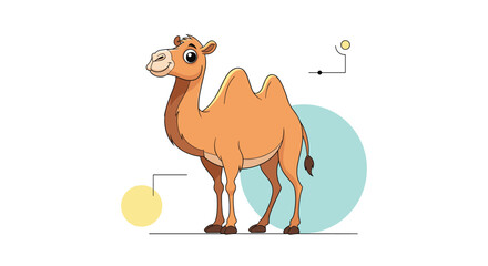 Cheerful cartoon two-humped camel illustration standing on a clean white background with minimal abstract geometric elements.