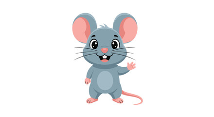 A cute cartoon gray mouse character with large pink ears, big eyes, and a cheerful smile, standing and waving its hand.