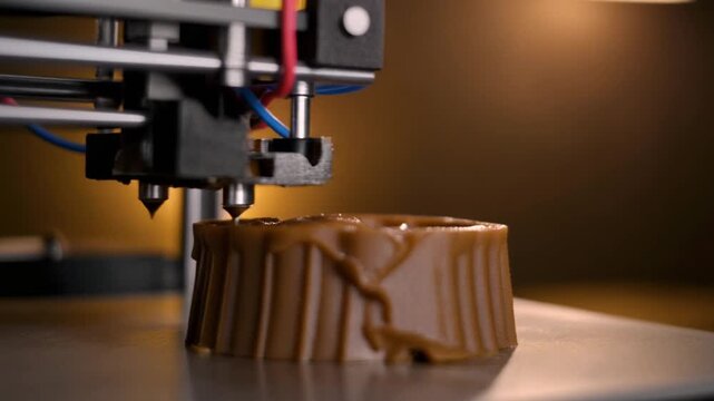 3D printer creating a brown object with detailed texture.
