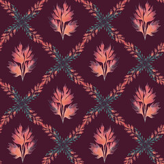 A seamless watercolor pattern of crimson, orange, scarlet, and emerald autumn herb branches set against a deep burgundy backdrop, creating a rich, vibrant, elegant botanical flow.
