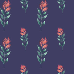 A seamless watercolor pattern featuring crimson, orange, and emerald autumn herb branches arranged on a deep blue background, creating a vibrant, fluid, and elegant botanical design.