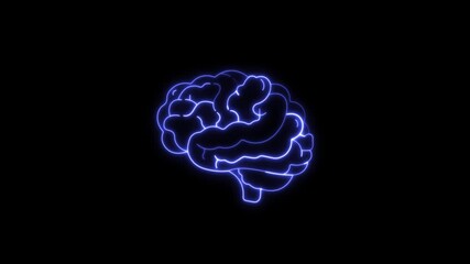 Animated neon brain, thinking brain, animated linear blue brain symbol. Concept of ideas, creativity, intelligence, education, science, mental health. 4K video.