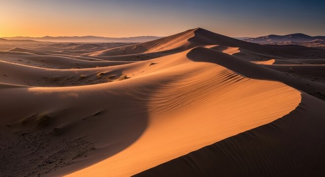 Golden sand dunes sculpted by wind under a warm desert sunset