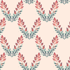 A seamless watercolor pattern of red, orange, scarlet, and emerald autumn herb branches arranged on a creamy backdrop, creating a vibrant yet delicate botanical flow.