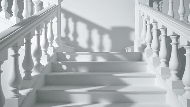 A symmetrical, all-white staircase, with balustrades and shadows, ascending into bright light